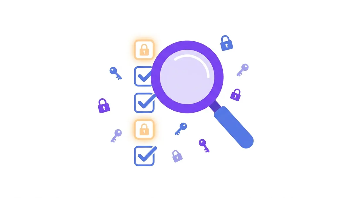 Magnifying glass examining a list of permission checkboxes with some flagged for review