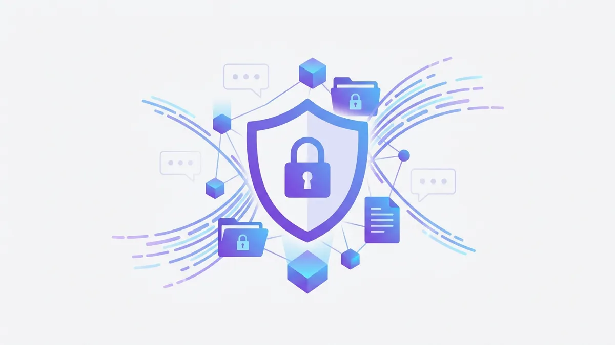 Shield with a padlock deflecting data streams away from a chat interface, representing Discord bot privacy protection