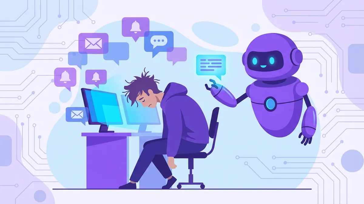 Illustration of an exhausted moderator at a desk with a helpful robot assistant offering support