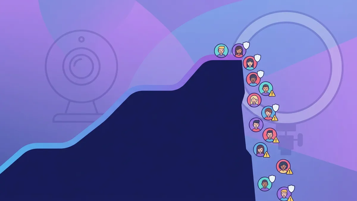 Discord server growth curve showing a sudden vertical spike with avatar icons cascading down the cliff