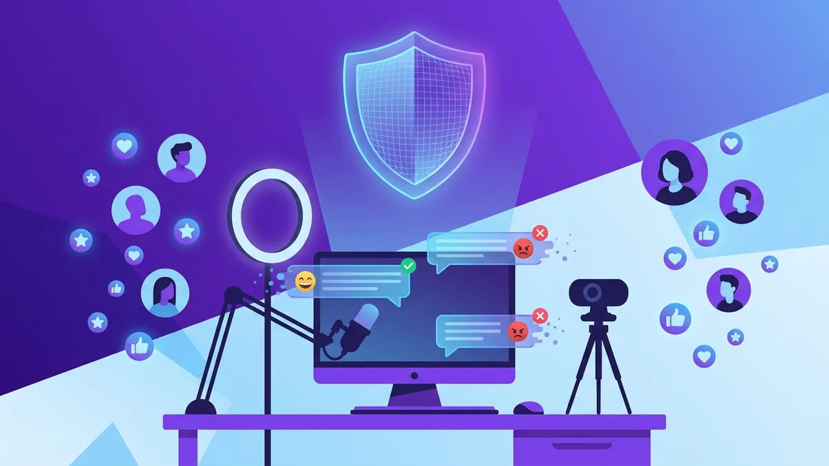 Glowing shield protecting a streamer's desk setup with monitor, ring light, microphone, and webcam silhouette filtering chat messages