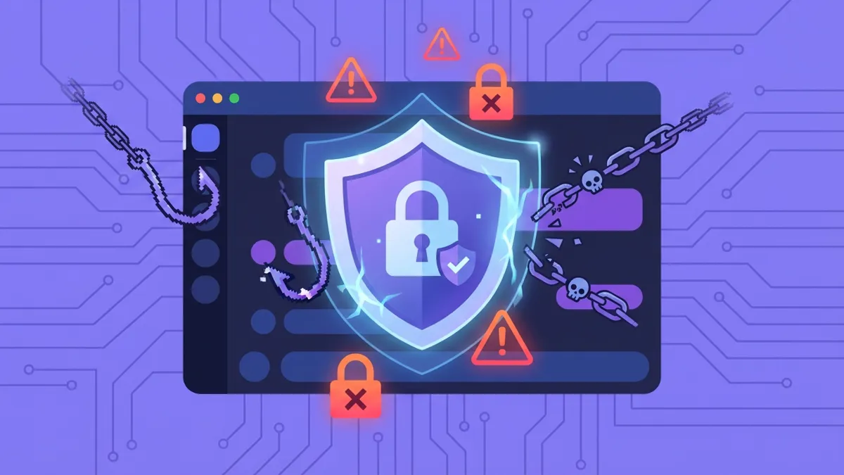 Shield protecting Discord chat from malicious phishing links and scam URLs