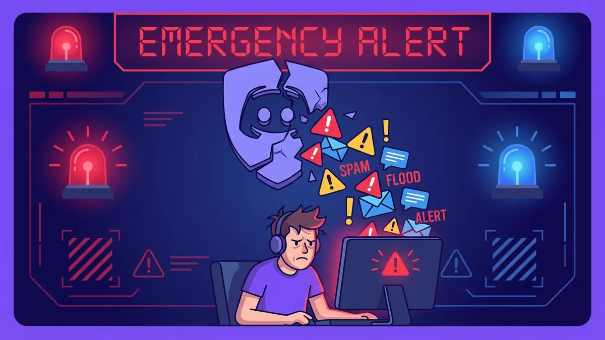 Illustration of a Discord server under attack with warning icons and a stressed server owner