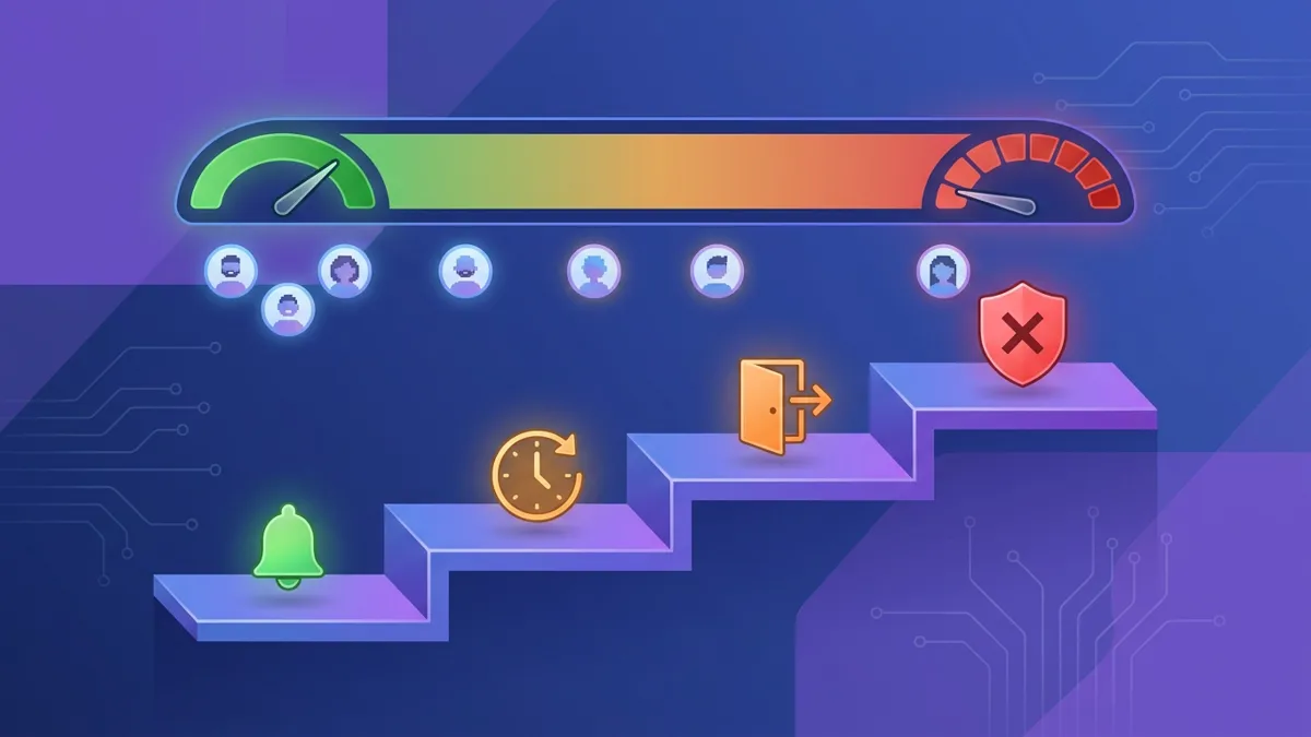 Staircase visualization showing escalating moderation actions — warning, timeout, kick, ban — as a trust meter drops from green to red