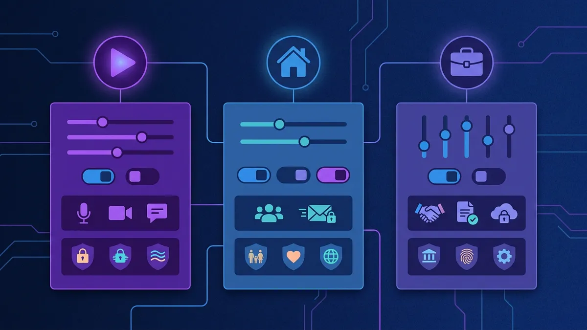 Three side-by-side dashboard cards showing different trust system configurations for streamer, family, and professional Discord communities