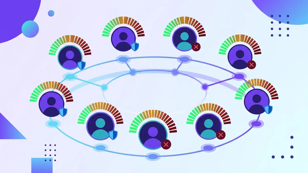 Network of Discord user avatars connected by lines, each with a colored trust meter showing different reputation levels