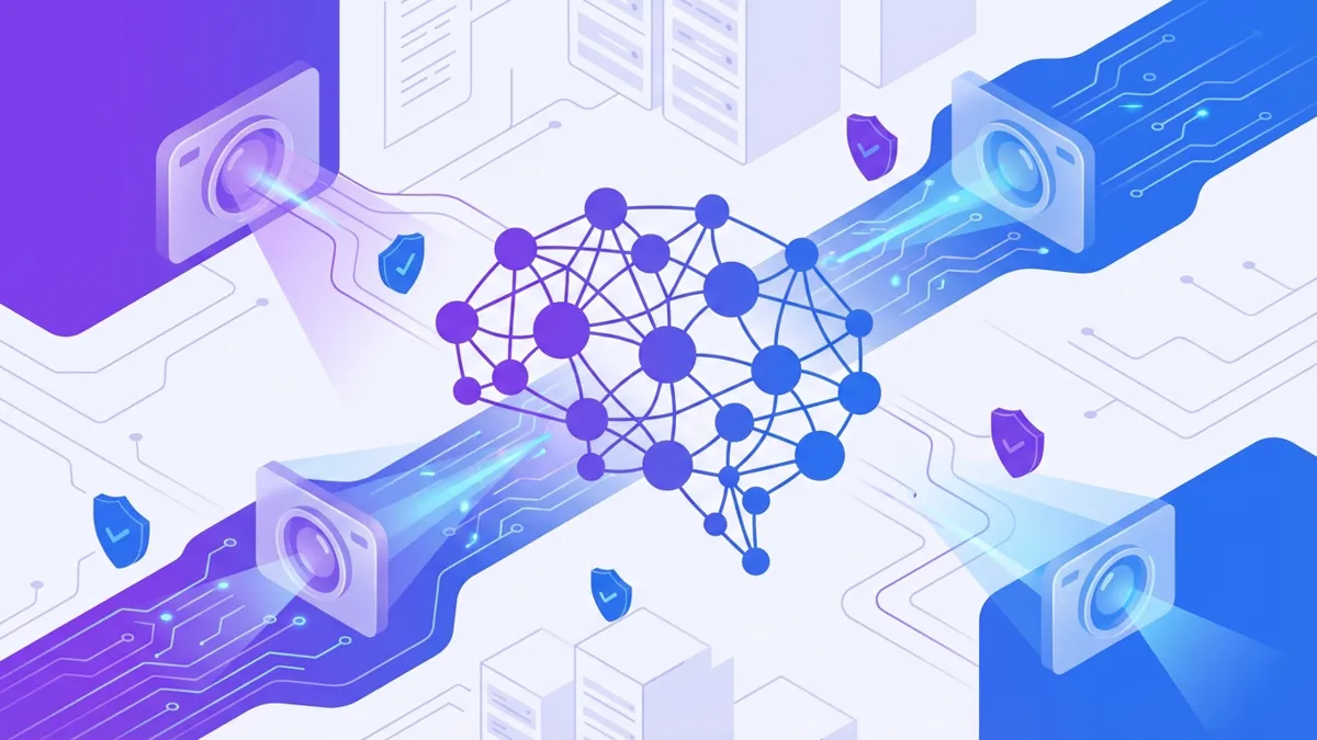 AI neural network analyzing content for moderation with shield protection icons